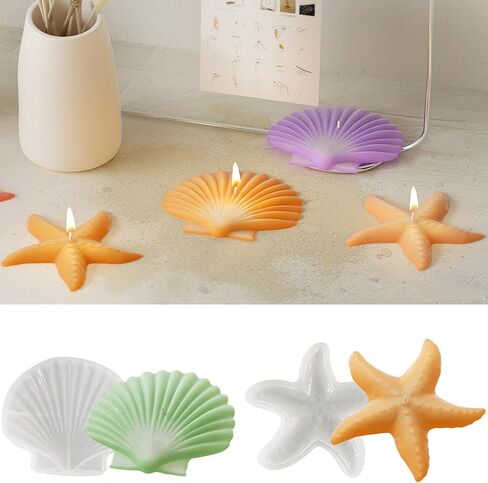 2 Pack Starfish and Seashell Silicone Molds, Starfish Candle Molds Silicone, Seashell Conch Baking Molds for Decorating Cake Candy Chocolate Candle Making Polymer Clay DIY Craft Projects (A) in Kuwait