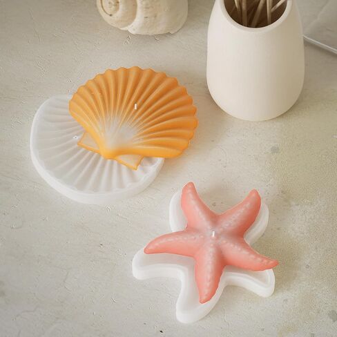 2 Pack Starfish and Seashell Silicone Molds, Starfish Candle Molds Silicone, Seashell Conch Baking Molds for Decorating Cake Candy Chocolate Candle Making Polymer Clay DIY Craft Projects (A) in Kuwait