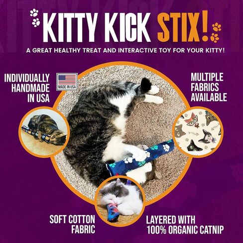 Kitty Kick Stix 15 "لعبة Catnip Kicker الأصلية (مجموعة من 2) ، مصنوعة يدويًا في الولايات المتحدة الأمريكية من قبل عشاق القط ، لعبة Cat Natural Cat & Kitten ، مليئة بنسبة 100 ٪ من القطط القوية لجميع السلالات (القطط السعيدة) in Saudi Arabia