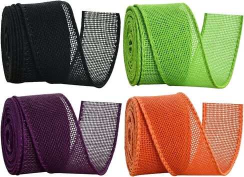 TONIFUL 4 Rolls Burlap Wired Ribbon, Halloween Ribbons, 1 1/2 inch 6 Yard/roll, for Halloween Decoration Bows Tree Toppers Craft Gift Wrapping Wreath Sewing (Black, Lime Green, Purple, Orange) in Kuwait
