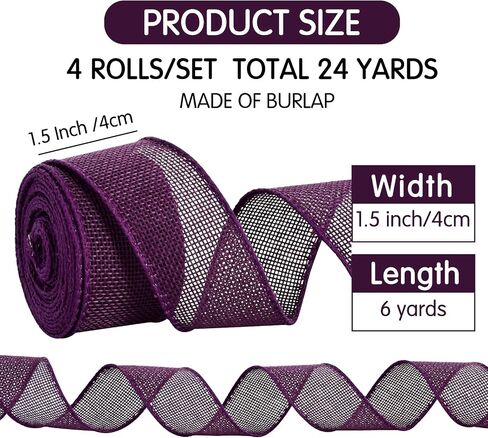 TONIFUL 4 Rolls Burlap Wired Ribbon, Halloween Ribbons, 1 1/2 inch 6 Yard/roll, for Halloween Decoration Bows Tree Toppers Craft Gift Wrapping Wreath Sewing (Black, Lime Green, Purple, Orange) in Kuwait
