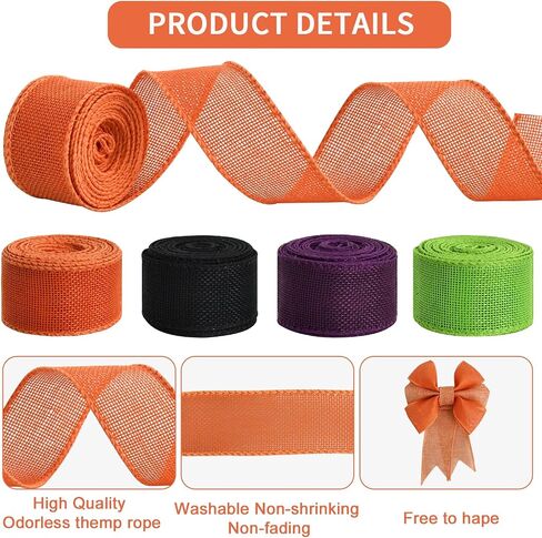 TONIFUL 4 Rolls Burlap Wired Ribbon, Halloween Ribbons, 1 1/2 inch 6 Yard/roll, for Halloween Decoration Bows Tree Toppers Craft Gift Wrapping Wreath Sewing (Black, Lime Green, Purple, Orange) in Kuwait