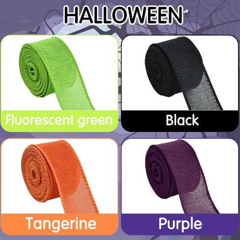 TONIFUL 4 Rolls Burlap Wired Ribbon, Halloween Ribbons, 1 1/2 inch 6 Yard/roll, for Halloween Decoration Bows Tree Toppers Craft Gift Wrapping Wreath Sewing (Black, Lime Green, Purple, Orange) in Kuwait
