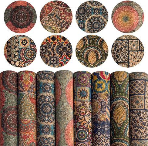 8 Pcs Colorful Cork Fabric, Soft Natural Texture Cork Faux Leather Sheets Floral Pattern DIY Crafts Fabric in Saudi Arabia