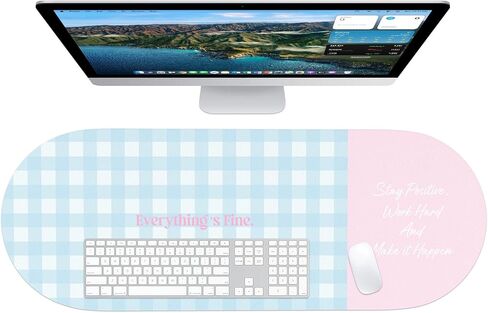 Checkered Desk Mat, 35.5x13 in Aesthetic PU Leather Desk Pad with Everything is Fine Quote, Non-Slip Office Desk Mat for Computer and Vanity, Purple and Yellow in Kuwait