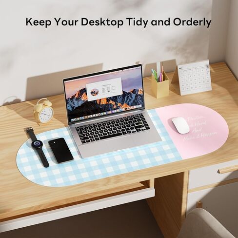 Checkered Desk Mat, 35.5x13 in Aesthetic PU Leather Desk Pad with Everything is Fine Quote, Non-Slip Office Desk Mat for Computer and Vanity, Purple and Yellow in Kuwait