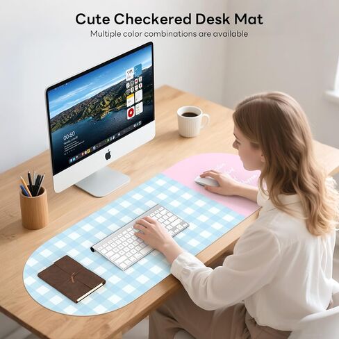 Checkered Desk Mat, 35.5x13 in Aesthetic PU Leather Desk Pad with Everything is Fine Quote, Non-Slip Office Desk Mat for Computer and Vanity, Purple and Yellow in Kuwait