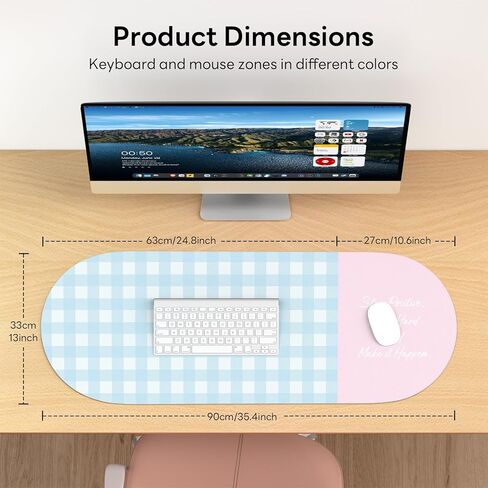 Checkered Desk Mat, 35.5x13 in Aesthetic PU Leather Desk Pad with Everything is Fine Quote, Non-Slip Office Desk Mat for Computer and Vanity, Purple and Yellow in Kuwait