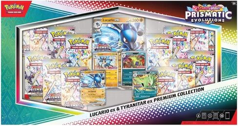 Pokemon TCG Scarlet & Violet Prismatic Evolutions Lucario Ex & Tyranitar Ex Premium Box - 14 حزمة in Saudi Arabia