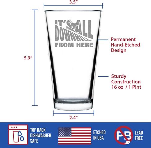 It's All Downhill From Here - Pint Glass for Beer - Unique Skiing Themed Decor and Gifts for Mountain Lovers - 16 oz Glasses in Saudi Arabia