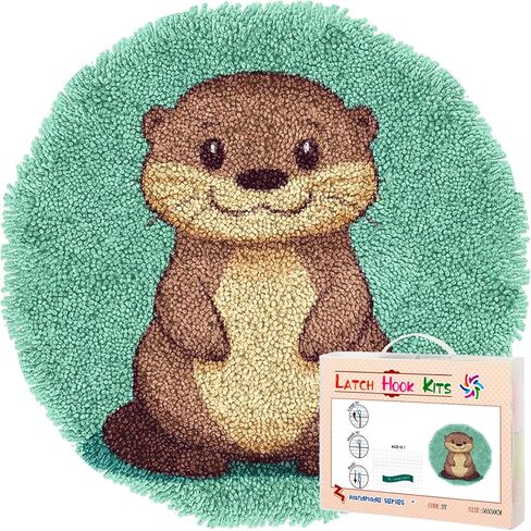 Latch Hook Rug Kit Cartoon Cute Otter Stamped Handmade Round Shape Carpet Crochet Yarn Craft DIY Hook and Latch Door Mat Tapestry for Home Floor Decor 50x50cm(2) in Saudi Arabia