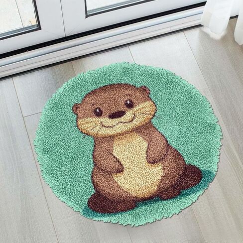 Latch Hook Rug Kit Cartoon Cute Otter Stamped Handmade Round Shape Carpet Crochet Yarn Craft DIY Hook and Latch Door Mat Tapestry for Home Floor Decor 50x50cm(2) in Saudi Arabia