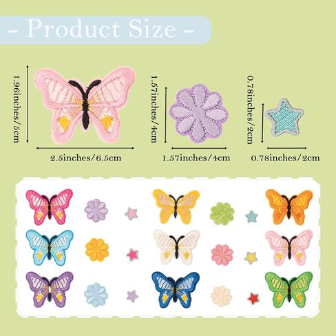 Mon Caramel Butterfly & Flower Patches Patses Set - 15pcs حديد لطيف على البقع للملابس والقبعات والظهر على الظهر ، والقطن القطن في 3 أحجام + خيط إضافي ، ألوان نابضة بالحياة in Kuwait