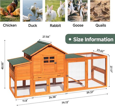 GARWOOD Large Wooden Chicken Coop Outdoor Big Hen House Poultry Pet Duck Hutch with Run Cage Nesting Box Waterproof Asphalt Roof Ramp Removable Tray Wire Fence for Backyard Small Animals 79" Brown in Saudi Arabia