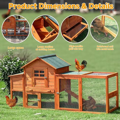 GARWOOD Large Wooden Chicken Coop Outdoor Big Hen House Poultry Pet Duck Hutch with Run Cage Nesting Box Waterproof Asphalt Roof Ramp Removable Tray Wire Fence for Backyard Small Animals 79" Brown in Saudi Arabia