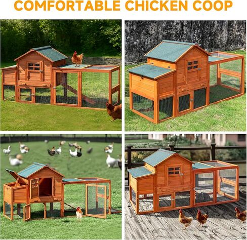 GARWOOD Large Wooden Chicken Coop Outdoor Big Hen House Poultry Pet Duck Hutch with Run Cage Nesting Box Waterproof Asphalt Roof Ramp Removable Tray Wire Fence for Backyard Small Animals 79" Brown in Saudi Arabia