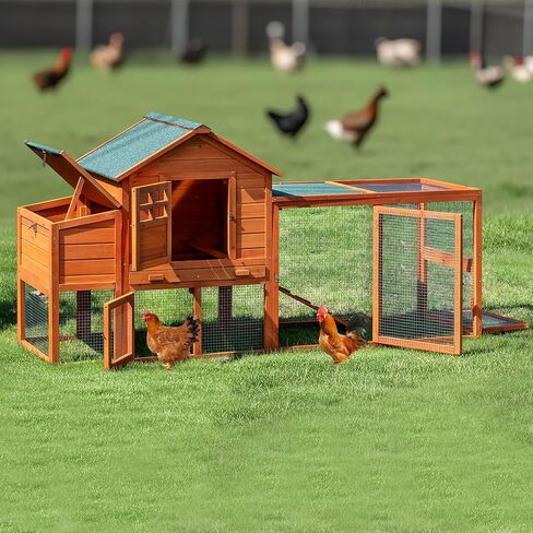 GARWOOD Large Wooden Chicken Coop Outdoor Big Hen House Poultry Pet Duck Hutch with Run Cage Nesting Box Waterproof Asphalt Roof Ramp Removable Tray Wire Fence for Backyard Small Animals 79" Brown in Saudi Arabia