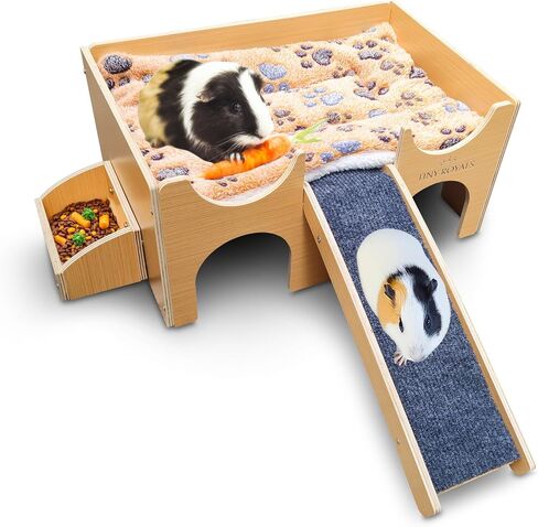 Guinea Pig Wooden Hideout with Built-in Feeder, Screw-Assembled Natural Wood Castle with Absorbent Fleece Mat, Ramp & Accessories, Cozy Safe Hideaway for Small Pets to Rest, Play & Explore in Saudi Arabia