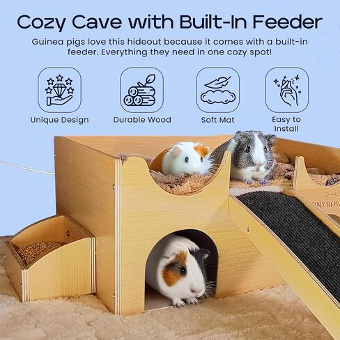 Guinea Pig Wooden Hideout with Built-in Feeder, Screw-Assembled Natural Wood Castle with Absorbent Fleece Mat, Ramp & Accessories, Cozy Safe Hideaway for Small Pets to Rest, Play & Explore in Saudi Arabia