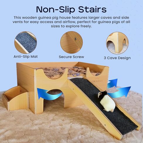 Guinea Pig Wooden Hideout with Built-in Feeder, Screw-Assembled Natural Wood Castle with Absorbent Fleece Mat, Ramp & Accessories, Cozy Safe Hideaway for Small Pets to Rest, Play & Explore in Saudi Arabia
