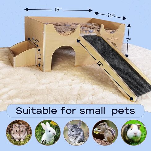 Guinea Pig Wooden Hideout with Built-in Feeder, Screw-Assembled Natural Wood Castle with Absorbent Fleece Mat, Ramp & Accessories, Cozy Safe Hideaway for Small Pets to Rest, Play & Explore in Saudi Arabia