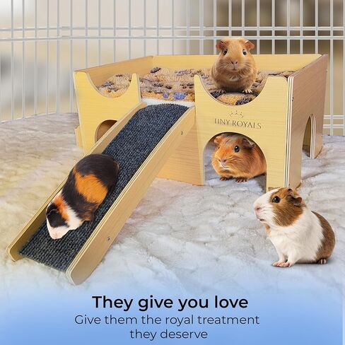 Guinea Pig Wooden Hideout with Built-in Feeder, Screw-Assembled Natural Wood Castle with Absorbent Fleece Mat, Ramp & Accessories, Cozy Safe Hideaway for Small Pets to Rest, Play & Explore in Saudi Arabia