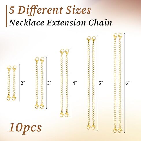 Gold Chain Extenders for Jewelry Making, 10PCS Stainless Steel Necklace Extenders, Adjustable Lobster Clasp Extender Chains for Necklaces, Bracelets, Anklets (Assorted Sizes 2-6 Inch) in Kuwait