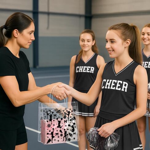 Sweetude 24 Pcs Cheer Clear Treat Bags with Handles for Cheer Team Cheerleader Gift Bag Bulk Cheerleader Party Supplies in Saudi Arabia