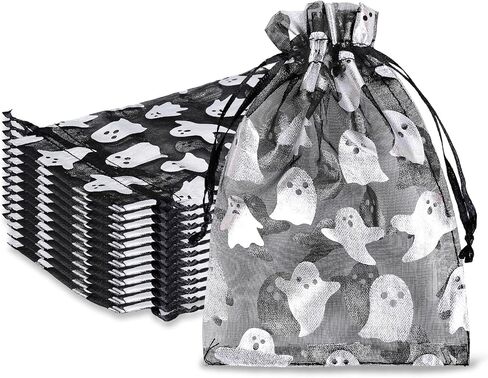 Whaline 100Pcs Halloween Organza Drawstring Bags Cute Foil Silver Ghost Jewelry Gift Bag 4''x6'' Small Mesh Favor Bags for Trick or Treat Birthday Baby Shower Party Supplies in Saudi Arabia