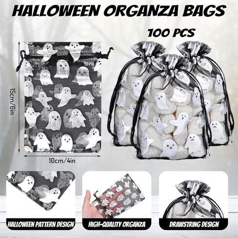 Whaline 100Pcs Halloween Organza Drawstring Bags Cute Foil Silver Ghost Jewelry Gift Bag 4''x6'' Small Mesh Favor Bags for Trick or Treat Birthday Baby Shower Party Supplies in Saudi Arabia