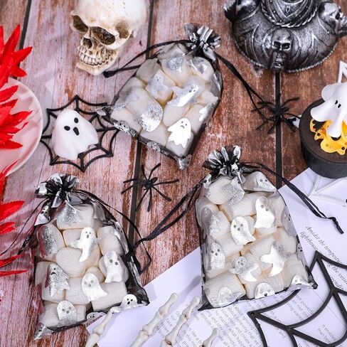 Whaline 100Pcs Halloween Organza Drawstring Bags Cute Foil Silver Ghost Jewelry Gift Bag 4''x6'' Small Mesh Favor Bags for Trick or Treat Birthday Baby Shower Party Supplies in Saudi Arabia