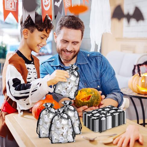 Whaline 100Pcs Halloween Organza Drawstring Bags Cute Foil Silver Ghost Jewelry Gift Bag 4''x6'' Small Mesh Favor Bags for Trick or Treat Birthday Baby Shower Party Supplies in Saudi Arabia