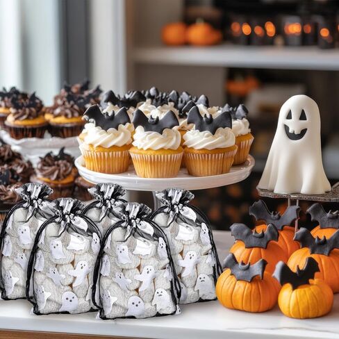 Whaline 100Pcs Halloween Organza Drawstring Bags Cute Foil Silver Ghost Jewelry Gift Bag 4''x6'' Small Mesh Favor Bags for Trick or Treat Birthday Baby Shower Party Supplies in Saudi Arabia