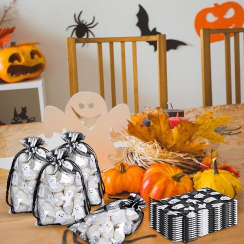 Whaline 100Pcs Halloween Organza Drawstring Bags Cute Foil Silver Ghost Jewelry Gift Bag 4''x6'' Small Mesh Favor Bags for Trick or Treat Birthday Baby Shower Party Supplies in Saudi Arabia