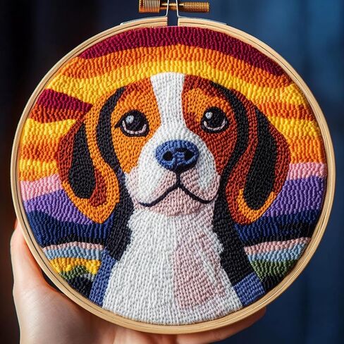DIY Punch Needle Kits Cute Cartoon Cute Beagles Dog with Sunset Embroidery Punch Enger Starter Craft with Hoop Easy for Beginners for Festival T and Decoration 20x20cm-1 in Kuwait