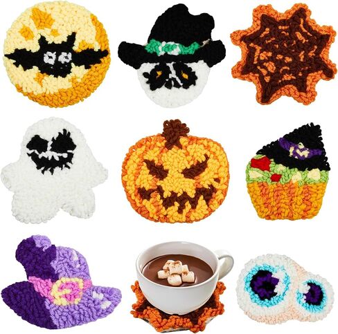 Preboun 8 PCS Halloween Punch Needle Coaster Kit Punch Punch Edele Kit Easy Diy Coasters with antondsive felt ، yarns hoop tools regud in Saudi Arabia