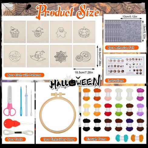 Preboun 8 PCS Halloween Punch Needle Coaster Kit Punch Punch Edele Kit Easy Diy Coasters with antondsive felt ، yarns hoop tools regud in Saudi Arabia