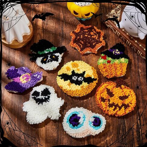 Preboun 8 PCS Halloween Punch Needle Coaster Kit Punch Punch Edele Kit Easy Diy Coasters with antondsive felt ، yarns hoop tools regud in Saudi Arabia