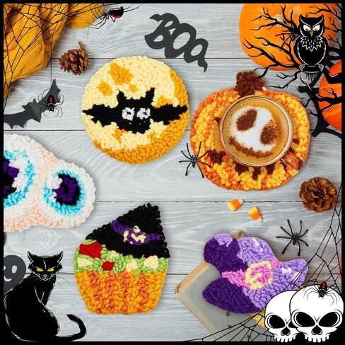 Preboun 8 PCS Halloween Punch Needle Coaster Kit Punch Punch Edele Kit Easy Diy Coasters with antondsive felt ، yarns hoop tools regud in Saudi Arabia
