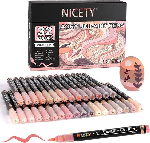 32 Colors Acrylic Paint Markers, Paint Pens Brush Tip Water-Based Acrylic Markers for Rock Painting Stone Wood Ceramic (Skin) in Kuwait