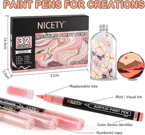 32 Colors Acrylic Paint Markers, Paint Pens Brush Tip Water-Based Acrylic Markers for Rock Painting Stone Wood Ceramic (Skin) in Kuwait