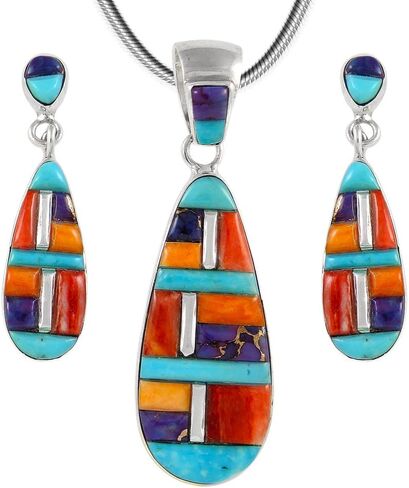 طقم من الفيروز والأحجار الكريمة المتطابقة من الفضة الإسترليني عيار 925 (قلادة، أقراط، قلادة 20 بوصة) in Kuwait