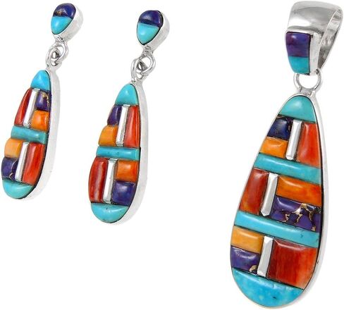 طقم من الفيروز والأحجار الكريمة المتطابقة من الفضة الإسترليني عيار 925 (قلادة، أقراط، قلادة 20 بوصة) in Kuwait