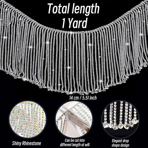 Rhinestone Fringe Trim 1 Yard, Extra Long Sparkling Crystal Fringe for Wedding Dress Decorations, Sewing DIY Crafts (Silver, AB Color Long Fringe Trim) in Saudi Arabia