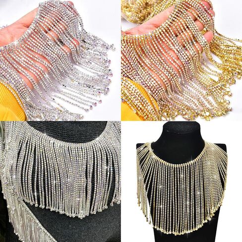Rhinestone Fringe Trim 1 Yard, Extra Long Sparkling Crystal Fringe for Wedding Dress Decorations, Sewing DIY Crafts (Silver, AB Color Long Fringe Trim) in Saudi Arabia