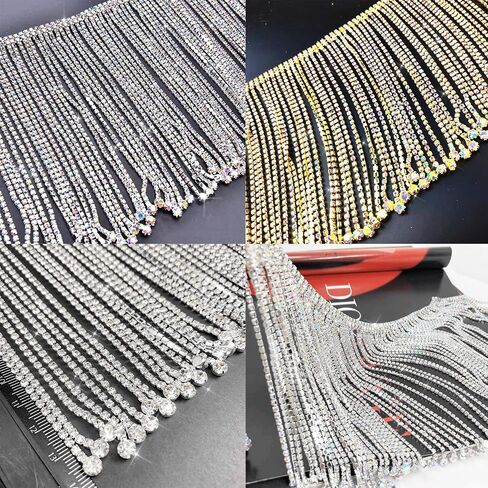 Rhinestone Fringe Trim 1 Yard, Extra Long Sparkling Crystal Fringe for Wedding Dress Decorations, Sewing DIY Crafts (Silver, AB Color Long Fringe Trim) in Saudi Arabia