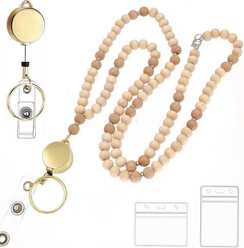 Retractable Lanyards for ID Badges and Keys,Teacher Lanyard with ID Holder Cute Wooden Beaded Lanyards Reel Keys Chains Fashion Lanyard String for Women in Saudi Arabia