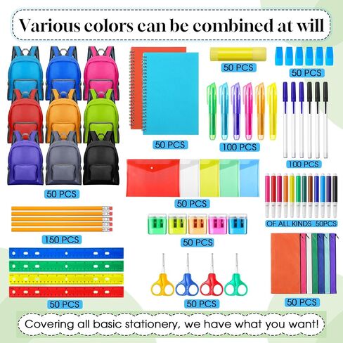 PerKoop 50 Sets 17'' Backpacks Bulk Back to School Supplies Bundle Kits for Kids Boys Girls Wholesale Backpack School Supply Kit Bundle Essentials for Elementary, Middle Students Charity Donate in Saudi Arabia
