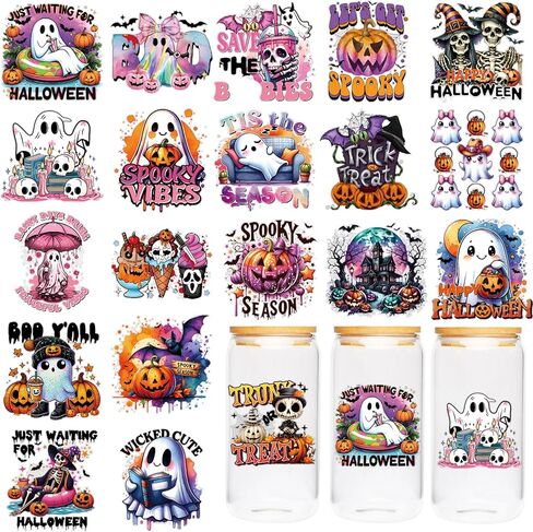 Halloween UV DTF Cup Wraps - 20 Sheet Cute Ghost UV DTF Transfer Stickers, Skeleton Cup Wraps for Glass, Fun Waterproof Transfer Decals, Festival DIY Crafts in Kuwait