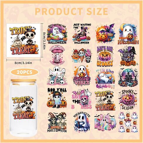 Halloween UV DTF Cup Wraps - 20 Sheet Cute Ghost UV DTF Transfer Stickers, Skeleton Cup Wraps for Glass, Fun Waterproof Transfer Decals, Festival DIY Crafts in Kuwait